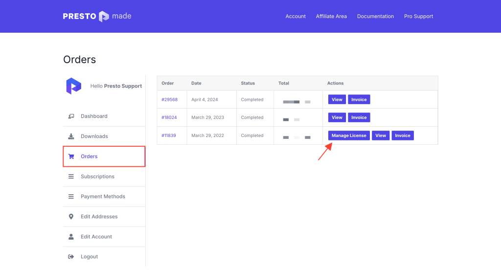 manage license button