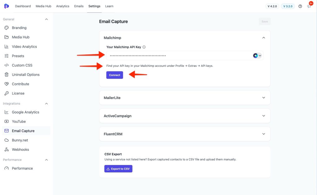 How To Capture Emails Email Capture - Presto Player - Add API Key