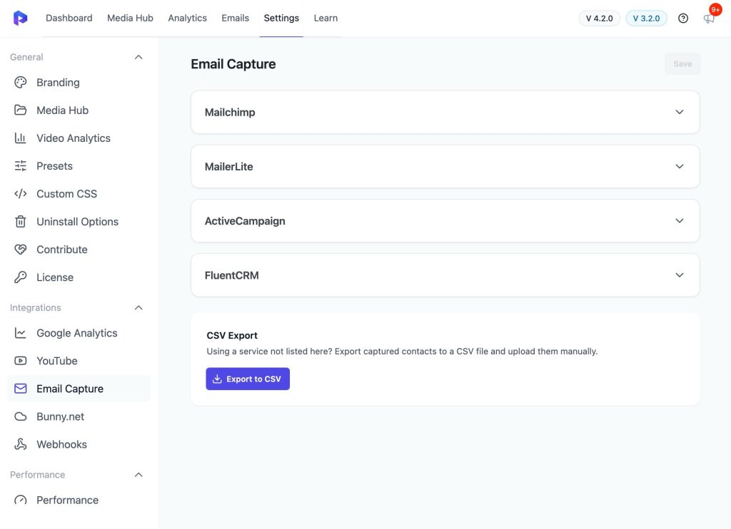 How To Capture Emails Email Capture Options in Presto Player: MailChimp MailerLite ActiveCampaign FluentCRM