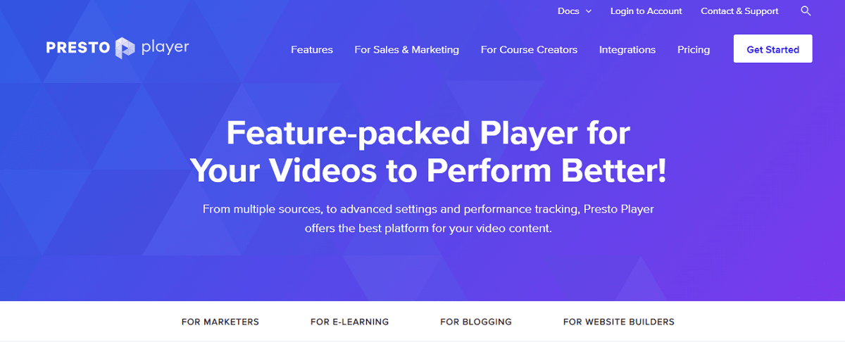 Feature page of Presto Player new website