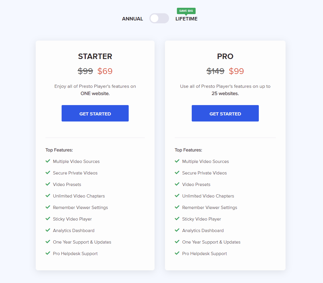 Pricing Page of Presto Player