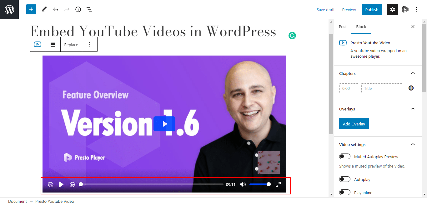 Video Preview after embed it by Presto Player plugin