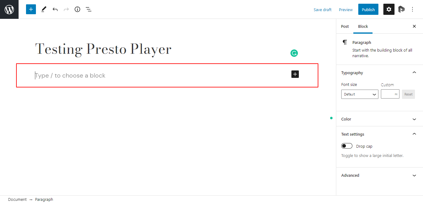 Testing page of presto player wordpress plugin