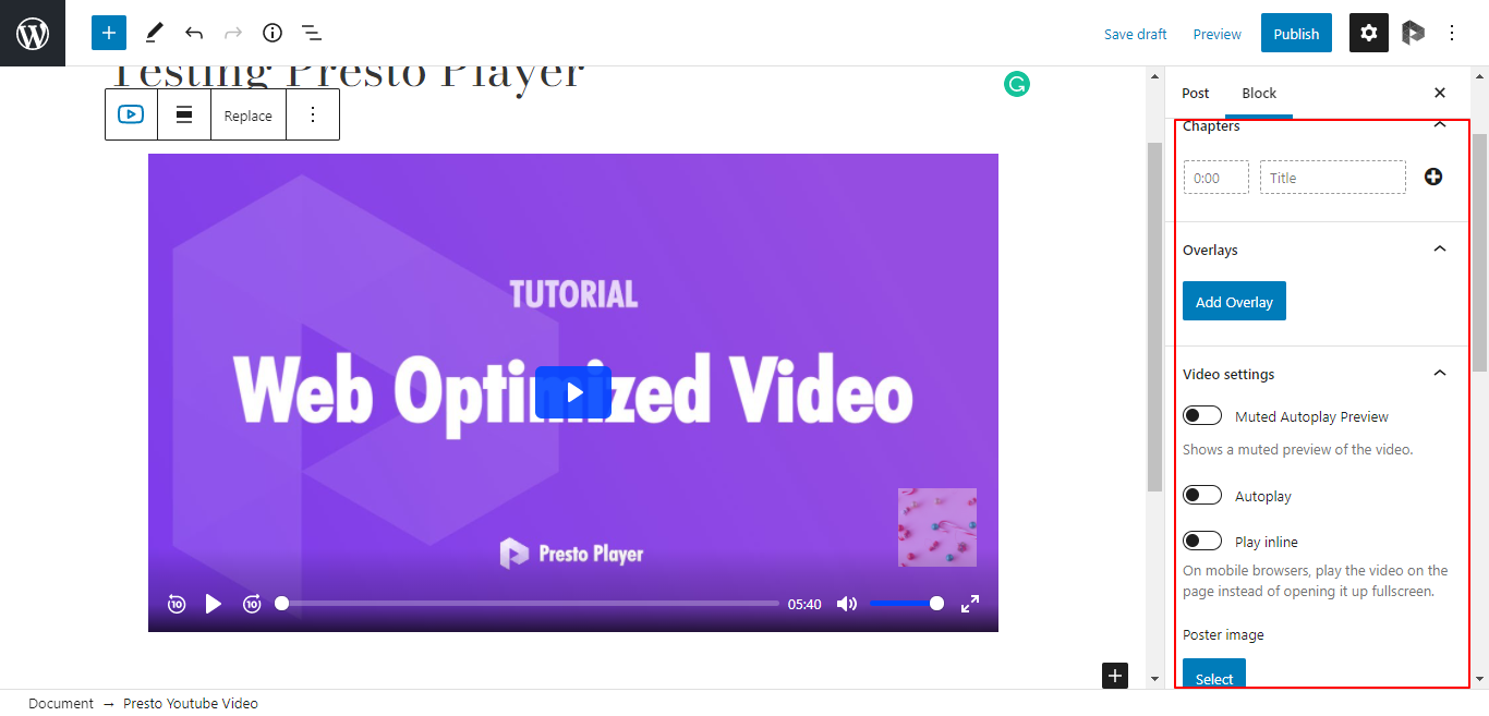 Page showing video added through Presto Player Plugin