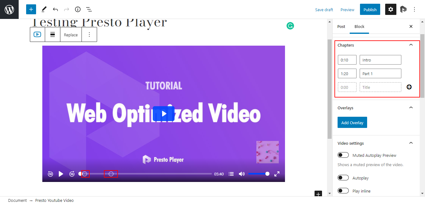 Marking chapters in Video using Presto Player video plugin
