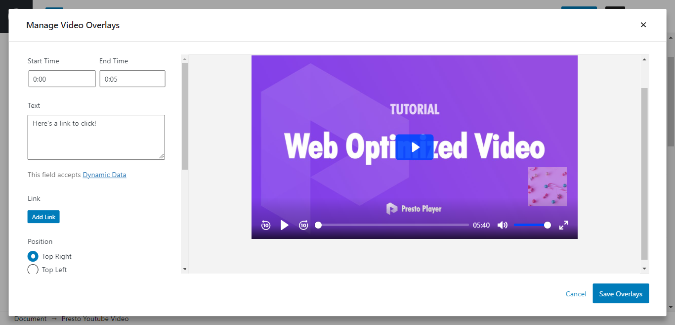 Manage Video Overlay in Presto Player plugin