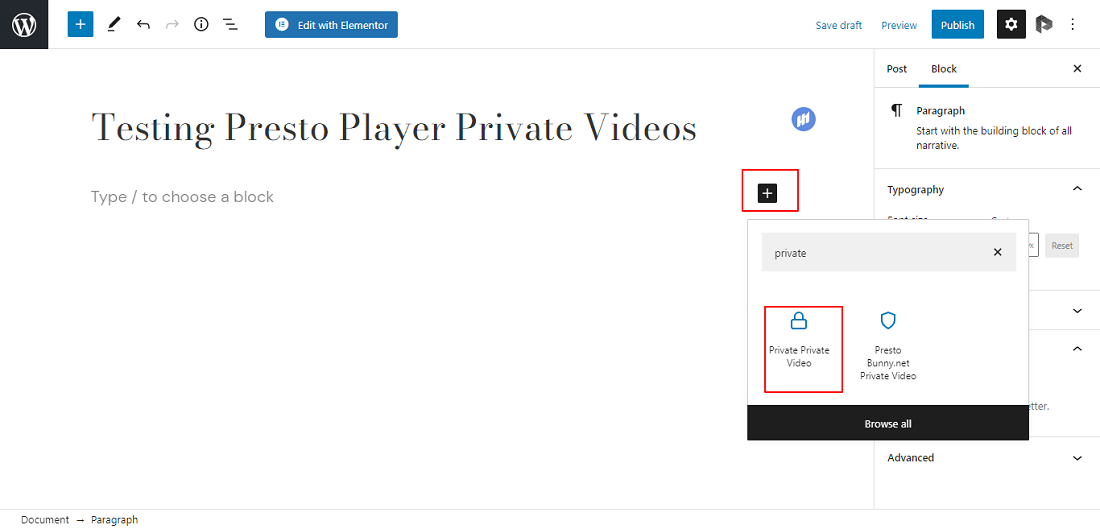 Presto Player Private video block in WordPress