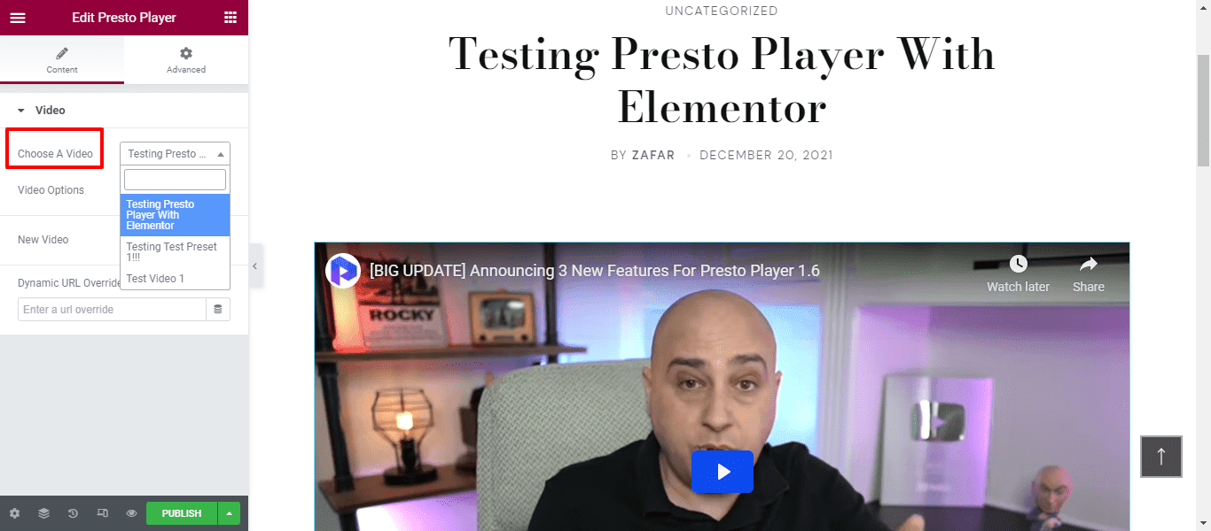 Edit page of Presto Player in Elementor