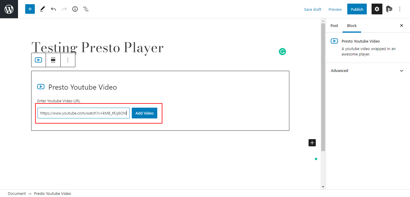 Embedding video link using the Presto Player plugin in WordPress