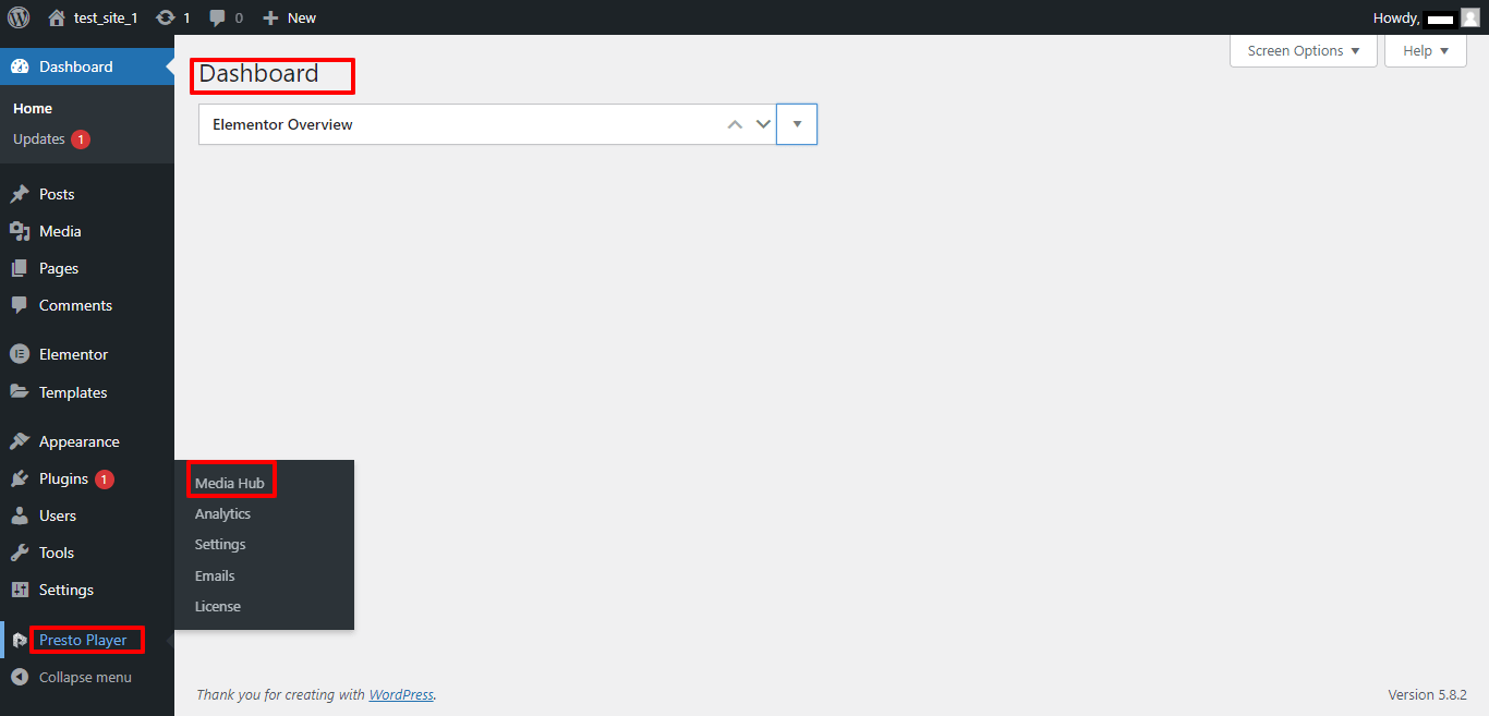 Presto Player plugin option on WordPress dashboard
