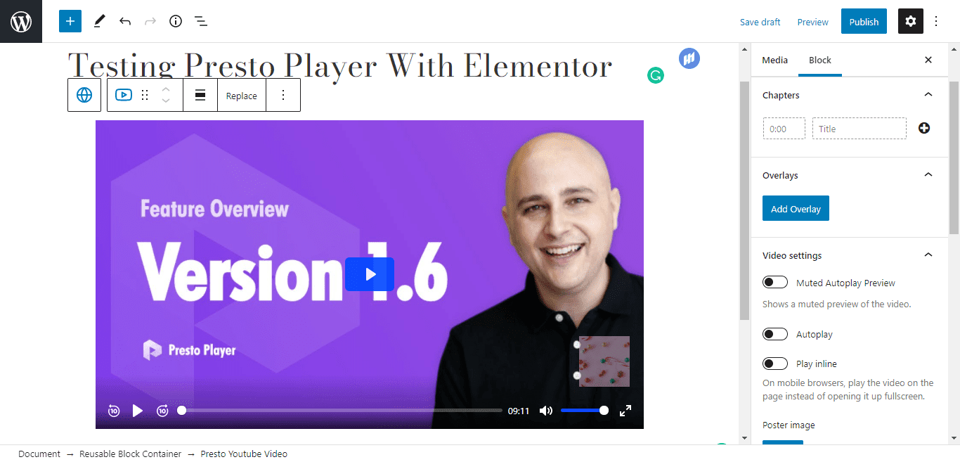 Presto YouTube video testing page in Elementor