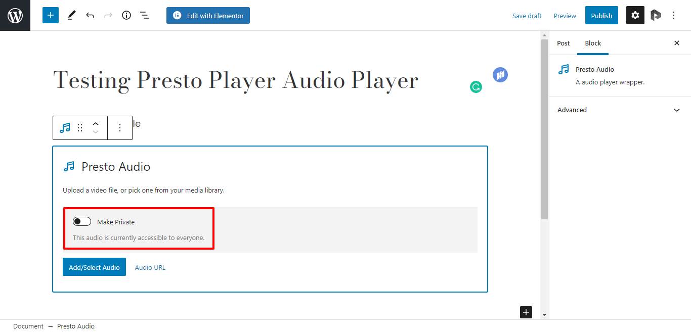 Private audio option for Presto audio player