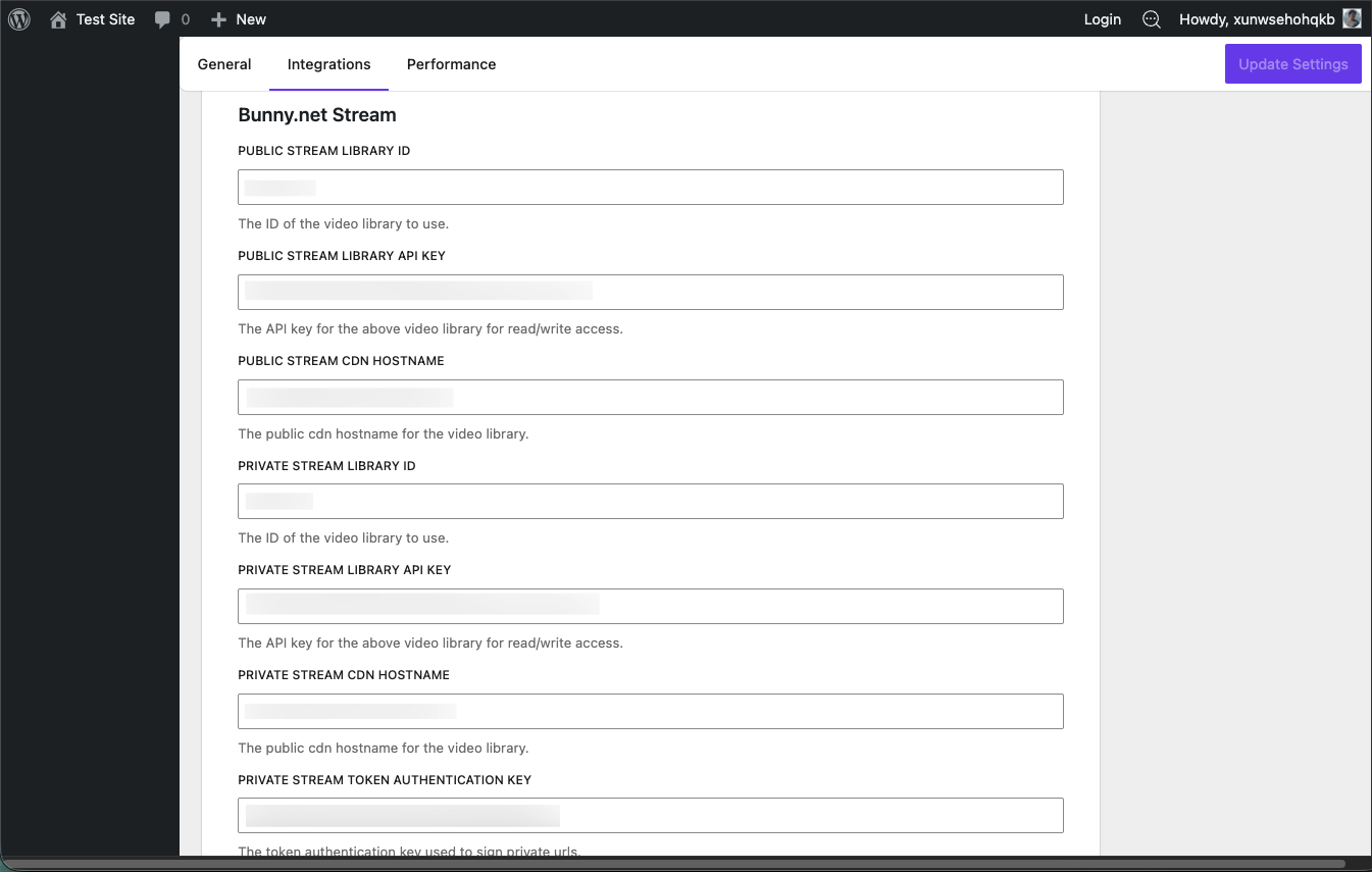 Migrating Sites With Presto Player Presto Player Settings — Bunny.net fields showing Library ID, CDN hostname, and API key