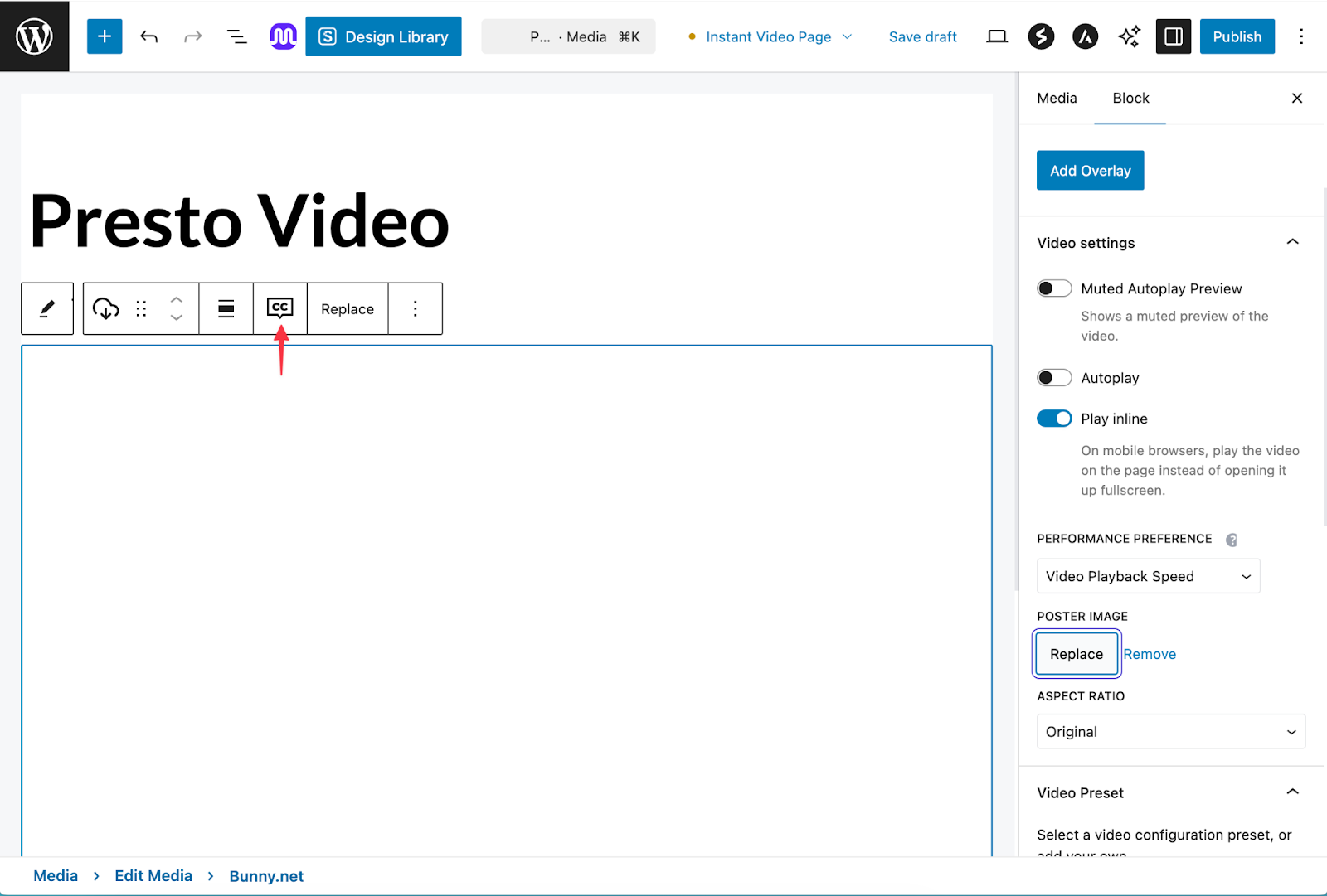 Click the CC button in the block toolbar