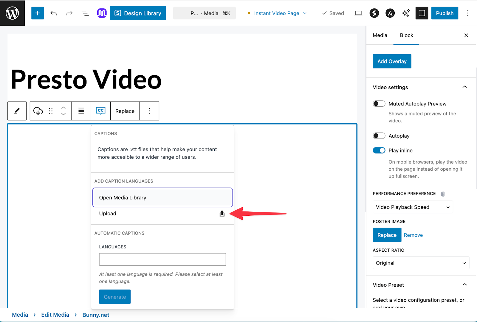 Click Upload to add caption file