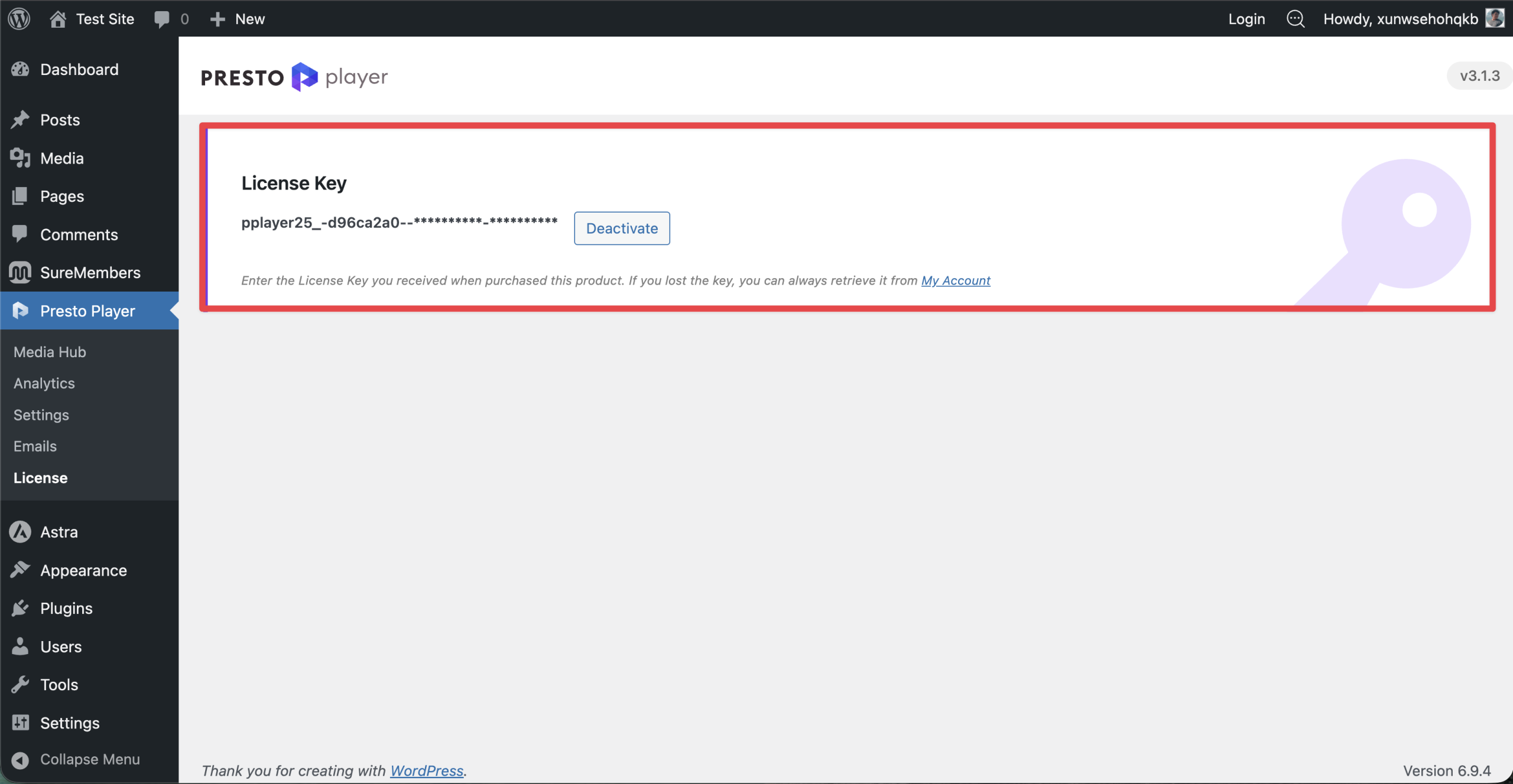 Migrating Sites With Presto Player Presto Player license activation screen in WordPress