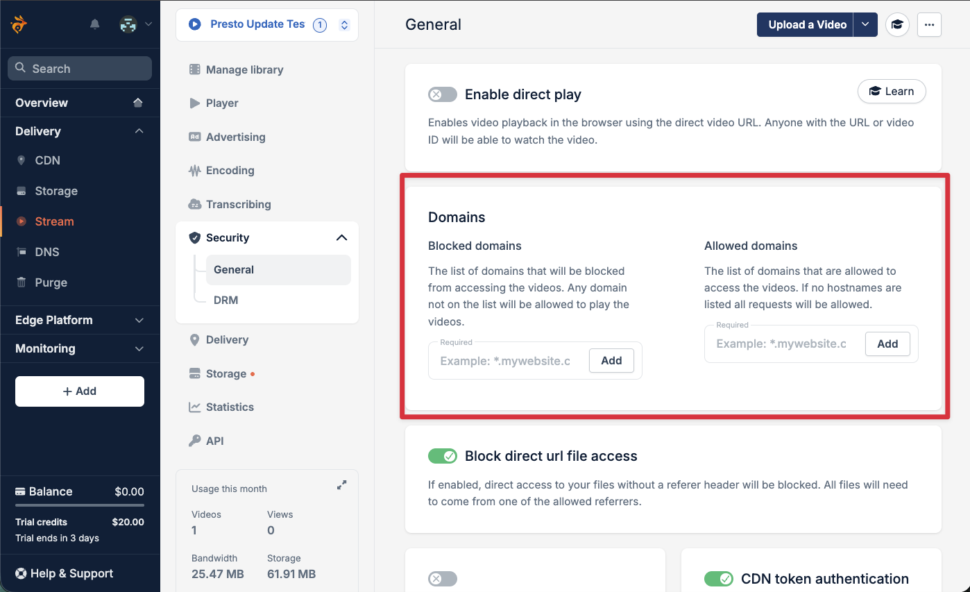 Migrating Sites With Presto Player Bunny.net Stream library Security tab showing Allowed Domains