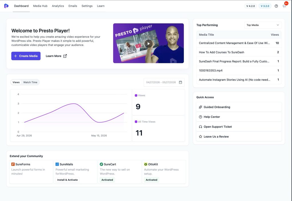 New Presto Player Dashboard with 4.2.0