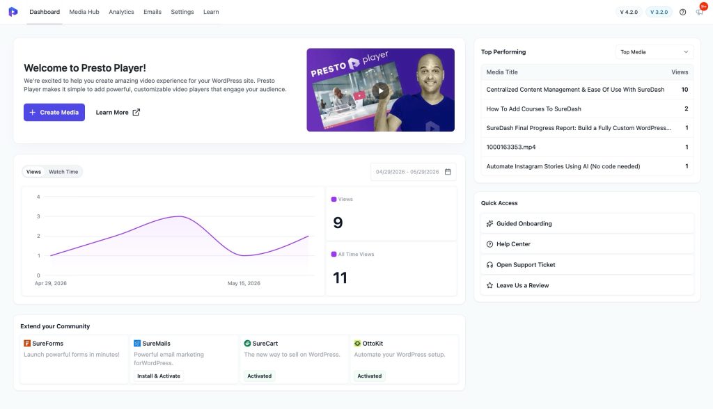 New Presto Player Dashboard with 4.2.0