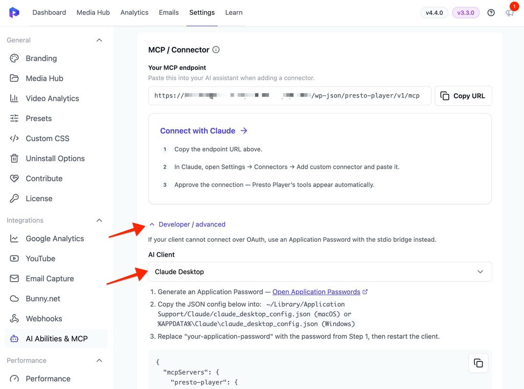 Presto Player AI Abilities Connect AI Clients to Your Video Library Select the AI Client and copy other details