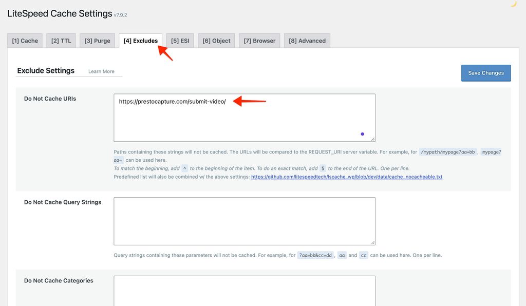 Presto Capture page URLs being excluded in Caching plugin