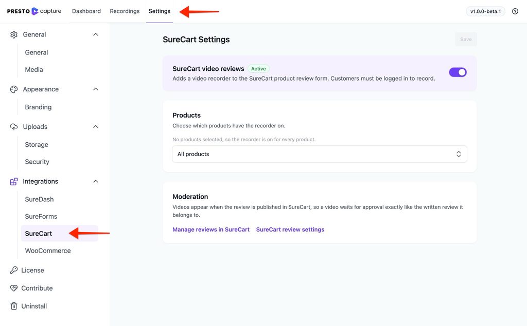 How to Collect Video Reviews in SureCart with Presto Capture SureCart Integration settings in Presto Capture