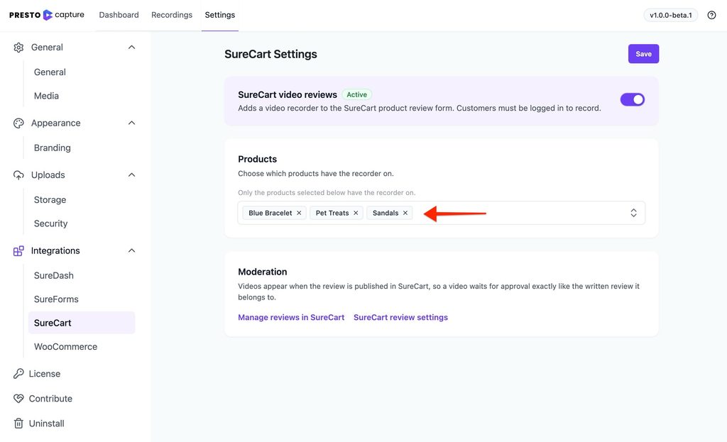 How to Collect Video Reviews in SureCart with Presto Capture Choose SureCart products to enable Presto Capture recorder