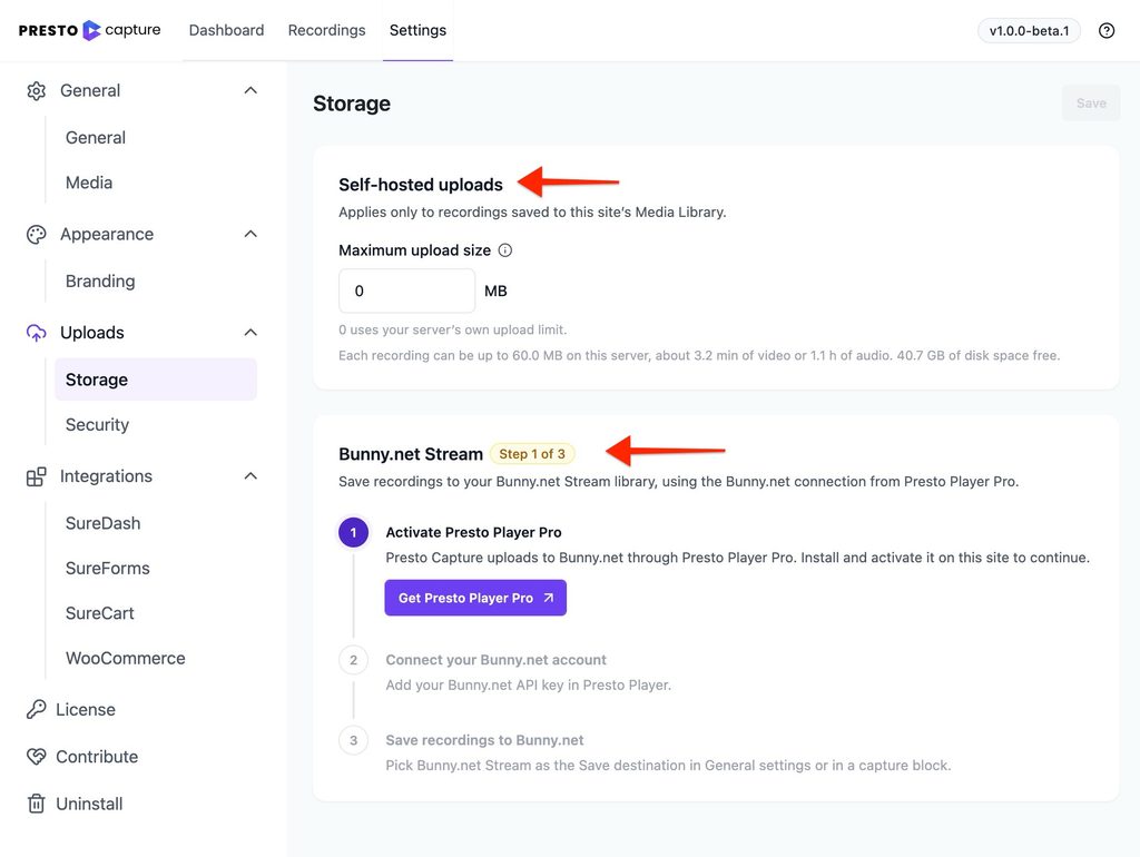 How to Choose Where Recordings Are Saved in Presto Capture Presto Capture Storage options Self Hosted or Bunny.net Stream
