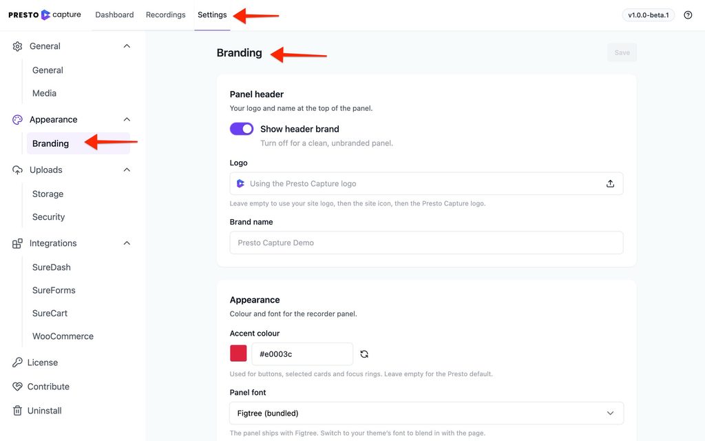 How to Brand the Recorder in Presto Capture Presto Capture Global Branding settings
