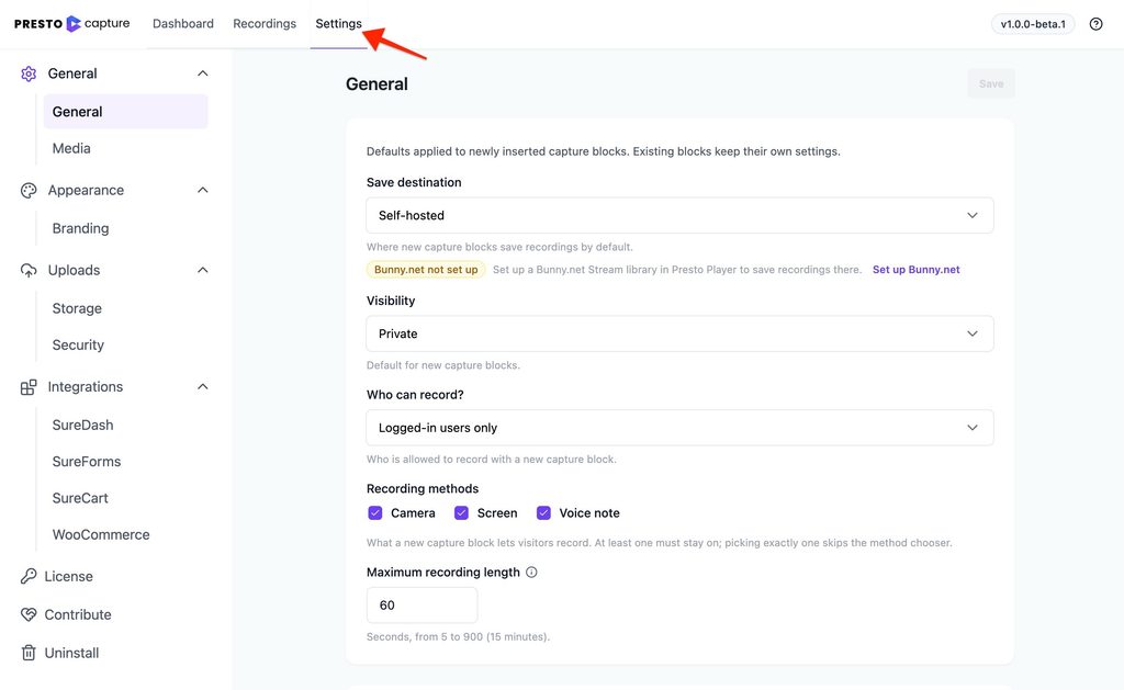 Understanding the Presto Capture Admin Panel Presto Capture Settings Screen