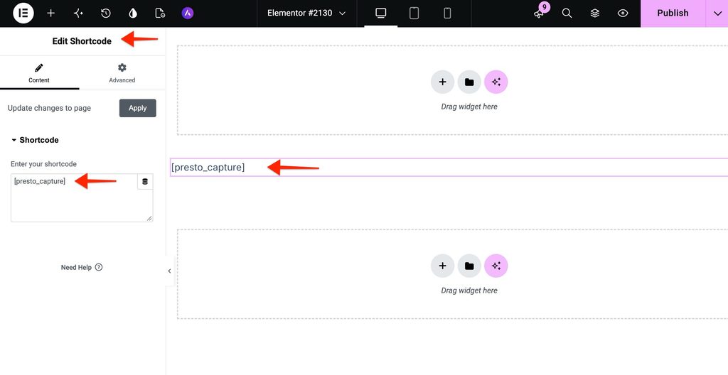 Presto Capture Shortcode Reference Presto Capture Shortcode added in Elementor Shortcode widget