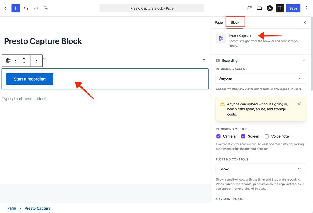 Presto Capture Block Settings Presto Capture Sidebar Settings in Block Editory