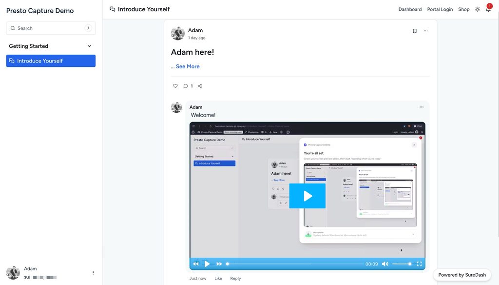 Presto Capture recording posted as a comment on SureDash posts