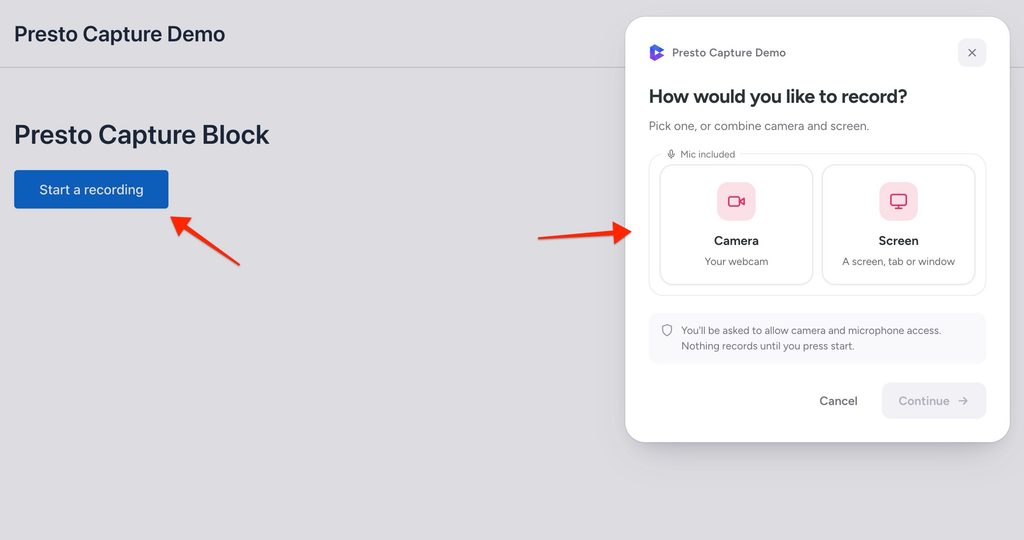 How to Get Started with Presto Capture Start a recording in Presto Capture opens a popup