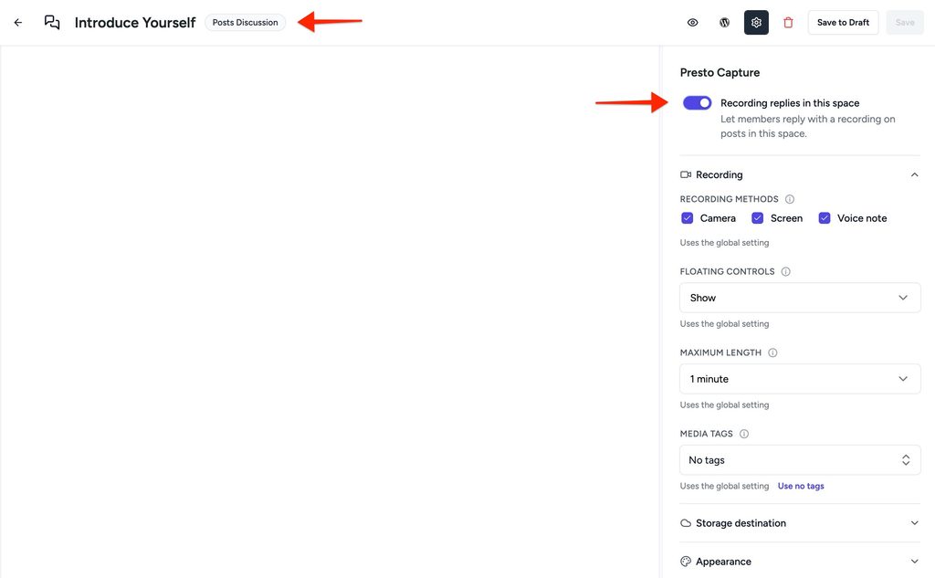 Presto Capture Settings in the SureDash right sidebar settings