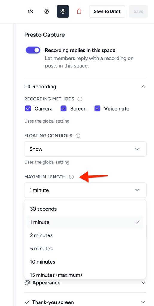 Presto Capture settings under individual SureDash Space Settings in the right sidebar