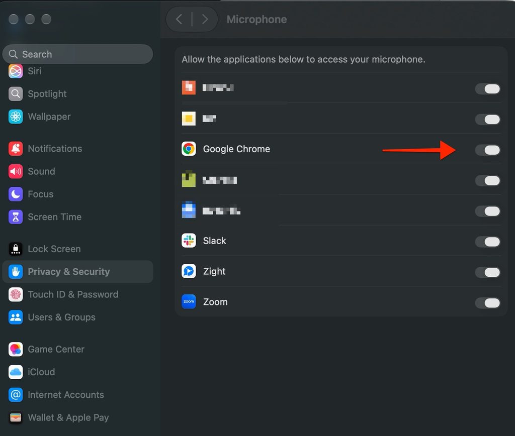 Enable Microphone on the Privacy settings of MacOS System Settings