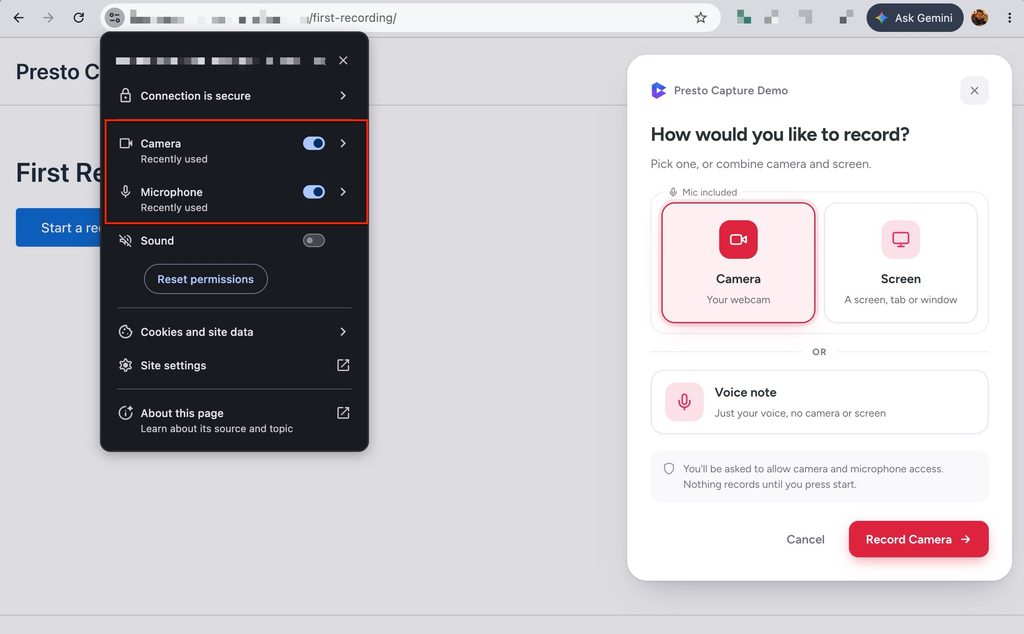 Chrome Site Settings in the Browser for Camera and Microphone Turned On